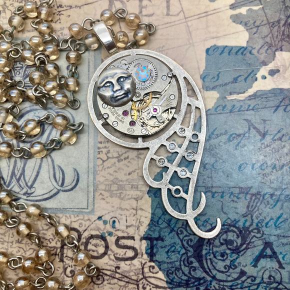 Silver Man Moon Wing Dark Academia Pendant Fantasy Celestial Vintage Watch Part - Picture 1 of 5